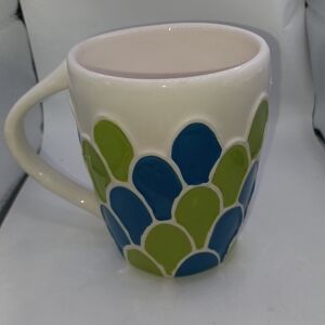 Starbucks Coffee Mug‎ 2009 Mermaid Scalloped Blue Green White 14 oz Hand Painted
